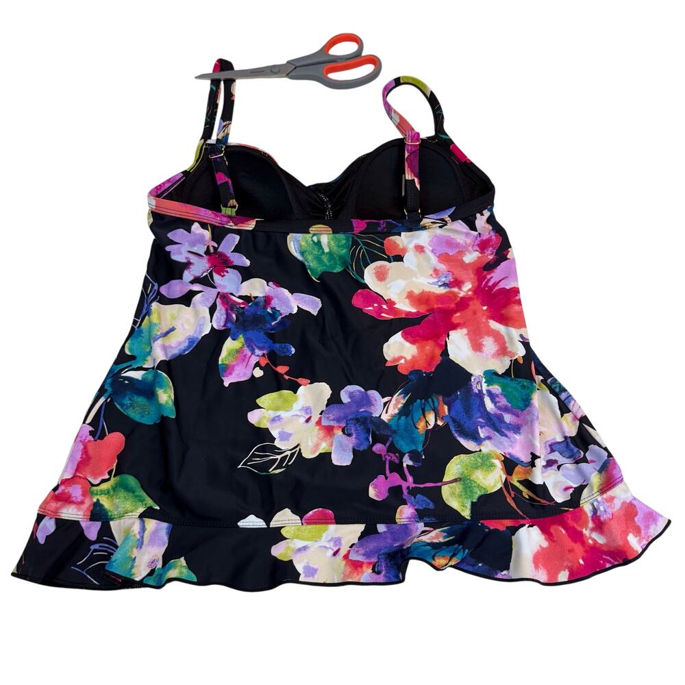 Maxine of Hollywood Black Tropical Floral Tankini Ruffled front and Hem - Picture 14 of 16